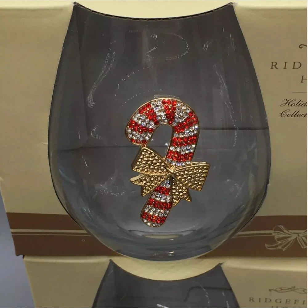 x4 Rhinestone Candy Cane Stemless Wine Glass Set Red Gold Bow Christmas Holidays